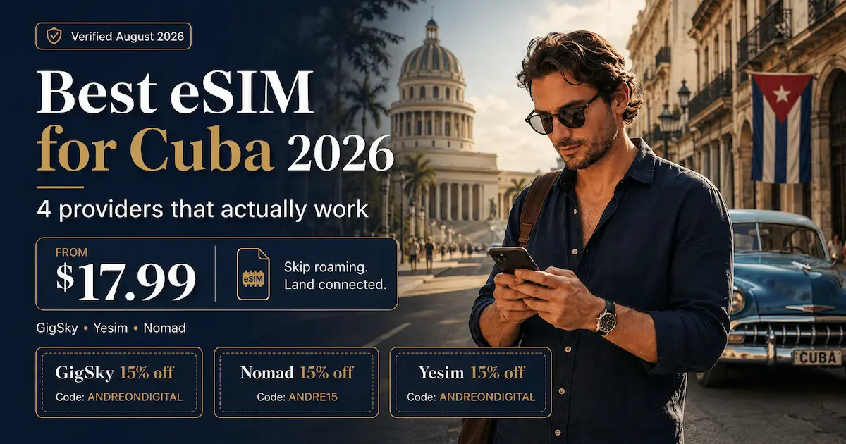 Best eSIM for Cuba 2026 with GigSky from $17.99, Yesim and Nomad discount codes, Havana Capitol, Cuban flag and vintage car