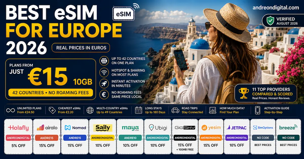 Best eSIM for Europe 2026 comparison with 11 providers, plans from €15, coverage in up to 42 countries and exclusive discount codes.