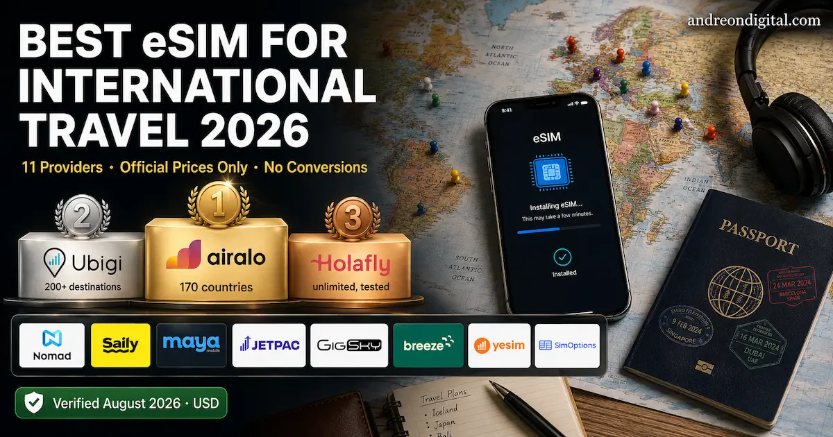 Best eSIM for international travel 2026 comparison showing Airalo, Ubigi and Holafly as the top three providers among 11 global eSIM options.