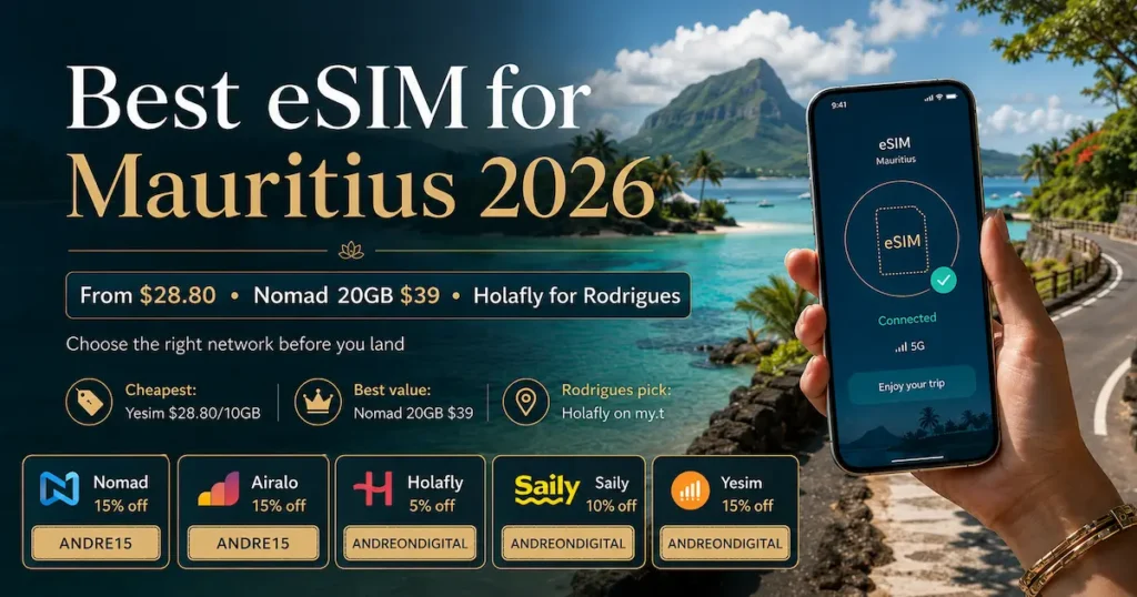 Best eSIM for Mauritius 2026 image showing Yesim from $28.80, Nomad 20GB for $39, Holafly for Rodrigues, and coupon codes for Nomad, Airalo, Holafly, Saily and Yesim