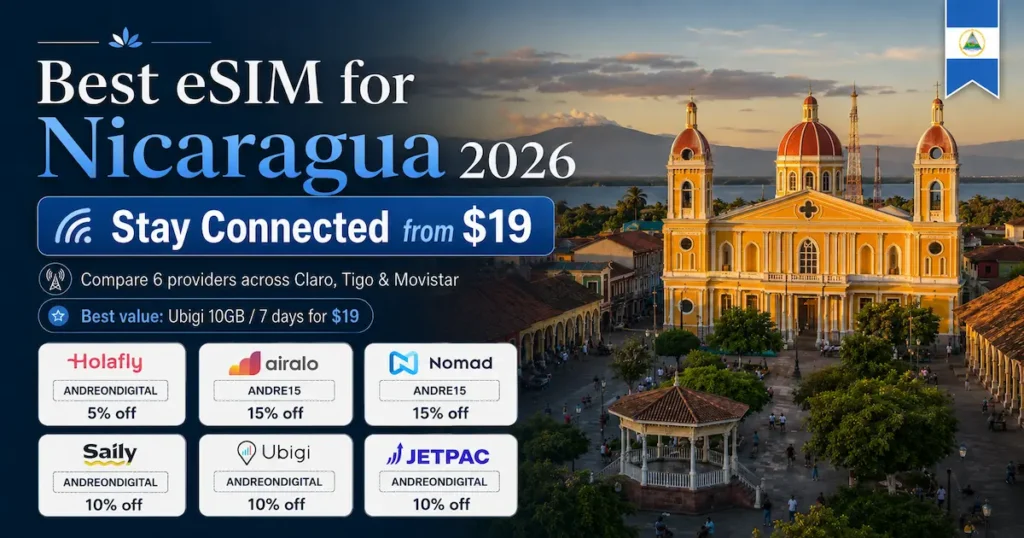 Best eSIM for Nicaragua 2026 image with Granada Cathedral, plans from $19, and coupon codes for Holafly, Airalo, Nomad, Saily, Ubigi and Jetpac