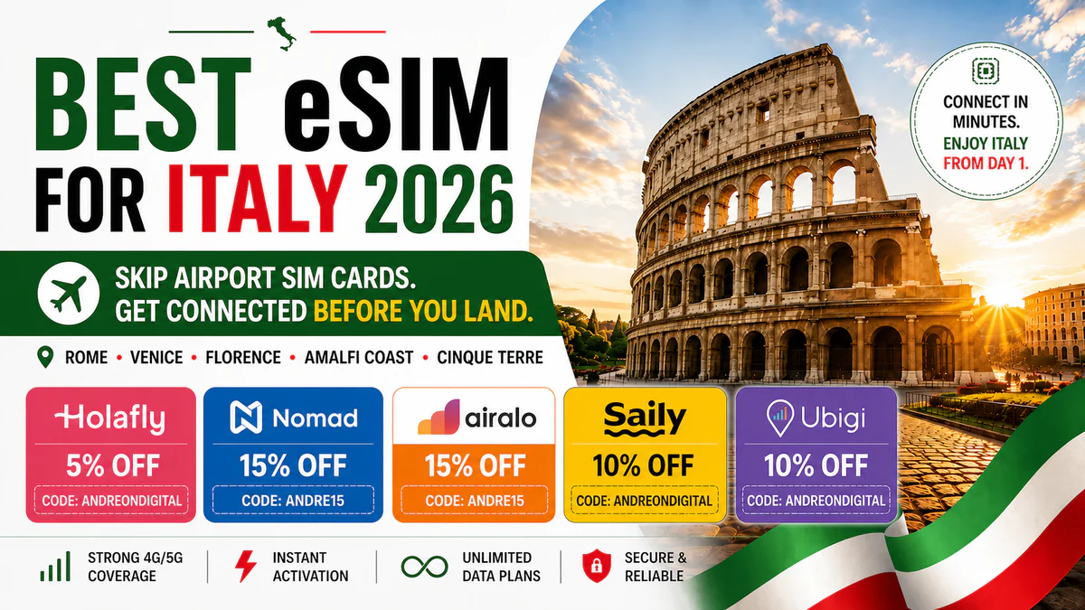 Best eSIM for Italy 2026 comparison featuring Holafly, Nomad, Airalo, Saily and Ubigi with official August euro prices and Italian mobile networks.