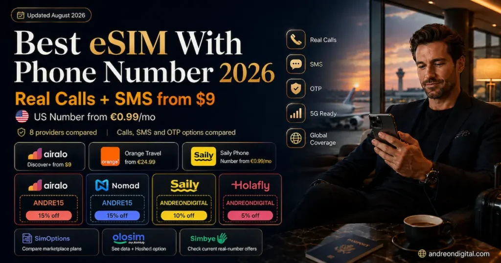 Best eSIM With Phone Number 2026 image showing real calls, SMS and OTP options, with Airalo, Nomad, Saily, Holafly, Orange Travel, SimOptions and Simbye pricing and travel comparison