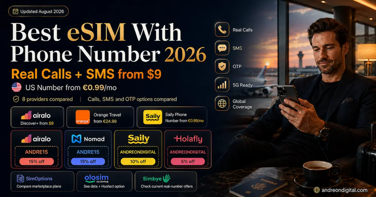Best eSIM With Phone Number 2026 image showing real calls, SMS and OTP options, with Airalo, Nomad, Saily, Holafly, Orange Travel, SimOptions and Simbye pricing and travel comparison