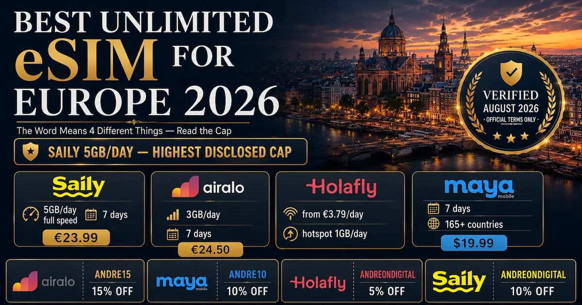 Best Unlimited eSIM for Europe 2026 comparison showing Saily at 5GB per day, Airalo at 3GB per day, Holafly from €3.79 per day, and Maya Mobile at $19.99 for 7 days