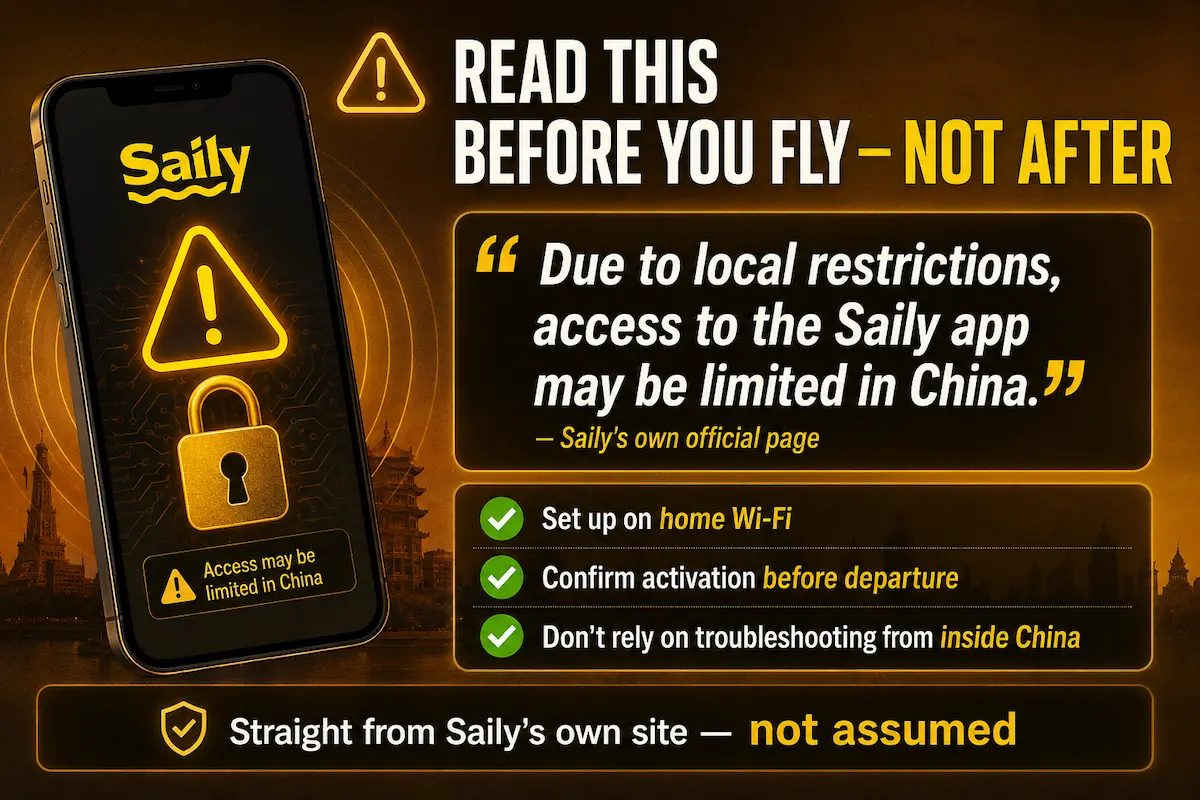 Saily eSIM warning for China advising travelers to set up the app on home Wi-Fi, confirm activation before departure, and avoid relying on troubleshooting after arriving.