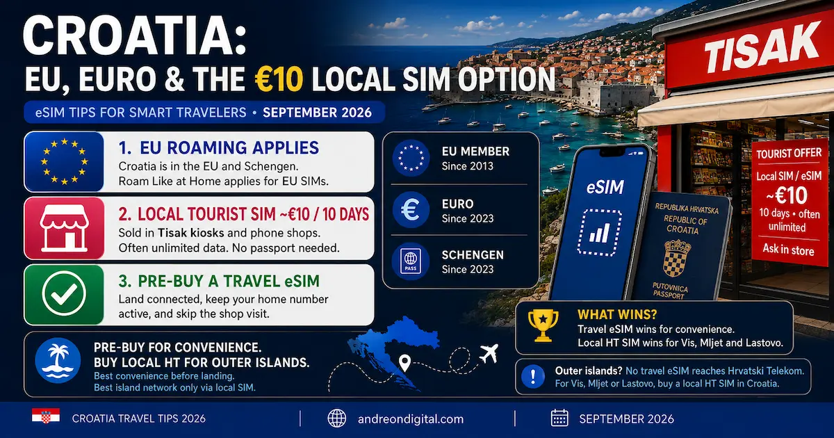 Croatia eSIM vs local SIM 2026 showing EU roaming, Schengen, Tisak tourist SIM around €10 and local Hrvatski Telekom option for outer islands