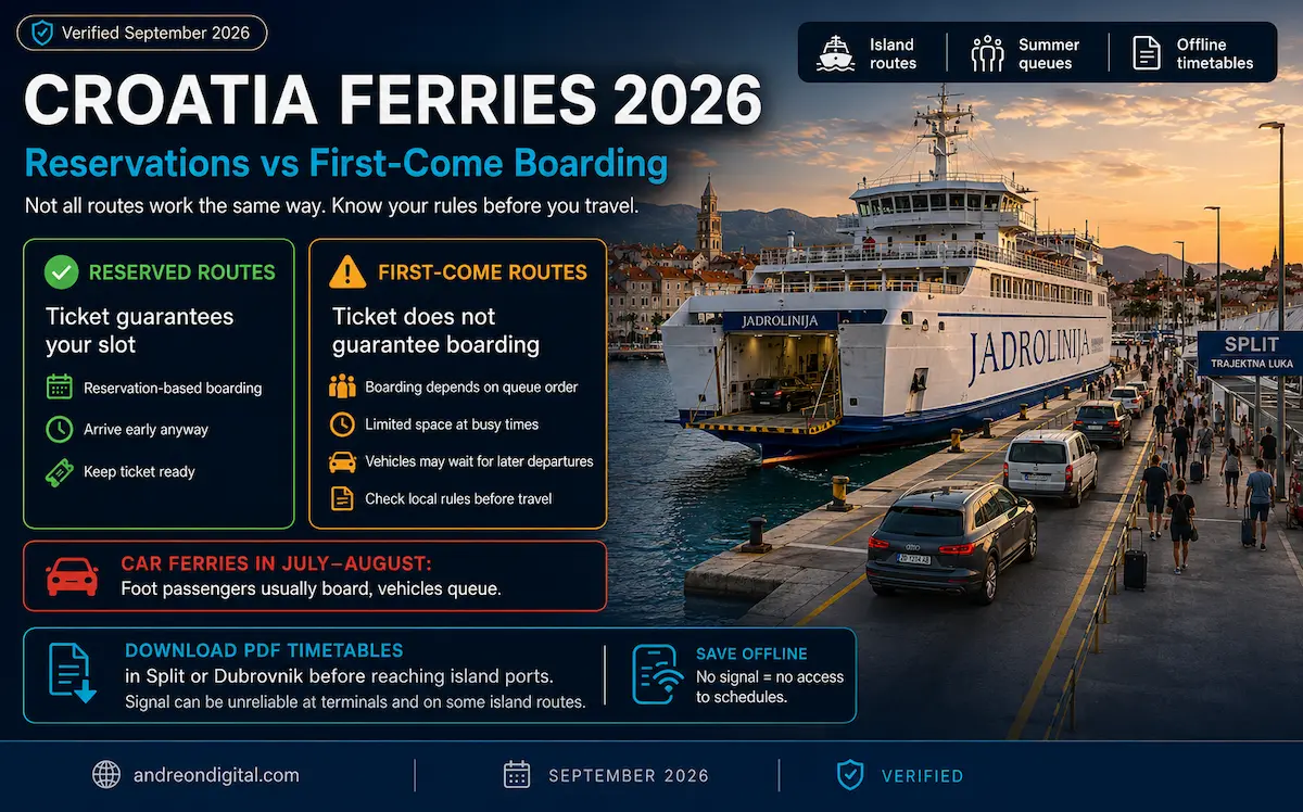 Croatia ferries 2026 infographic explaining Jadrolinija reserved routes versus first-come boarding, vehicle queues and offline timetable downloads