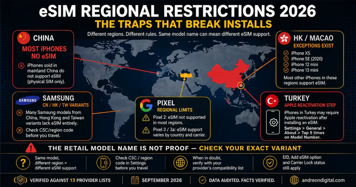 eSIM Regional Restrictions 2026: China, Hong Kong, Samsung and Pixel Exceptions eSIM regional restrictions 2026 showing China and Hong Kong iPhone exceptions, Samsung CN HK TW variants, Pixel regional limits and Turkey activation issues
