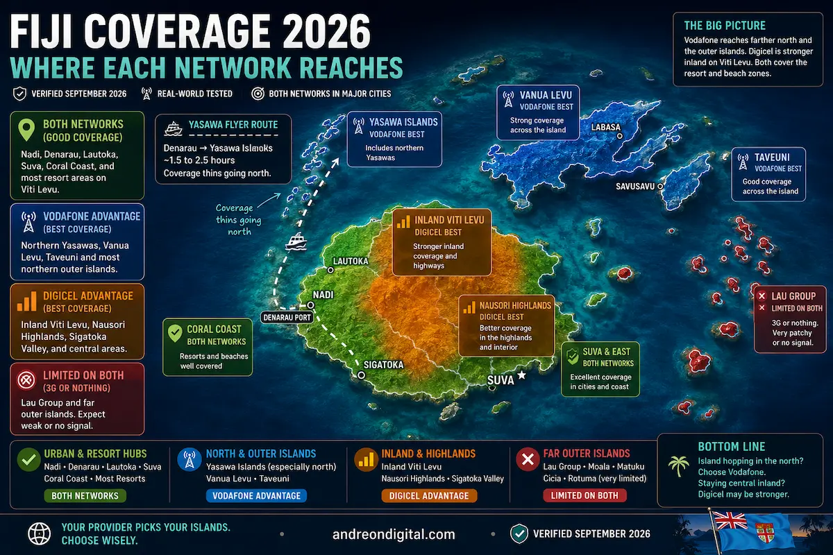 Fiji eSIM coverage 2026 map showing Vodafone advantage in the northern Yasawa Islands, Vanua Levu and Taveuni, Digicel advantage in inland Viti Levu, and limited coverage in the Lau Group.