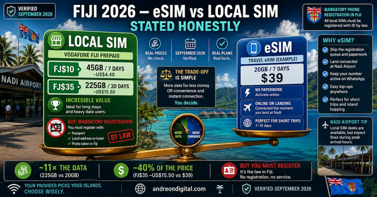 Fiji eSIM vs local SIM 2026 comparison showing Vodafone Fiji prepaid at FJ$10 for 45GB and FJ$35 for 225GB, versus a $39 travel eSIM with no local SIM registration.
