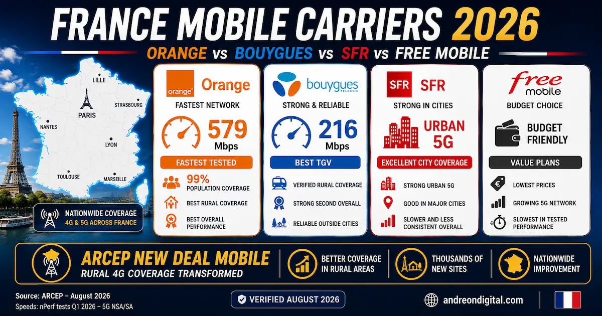 France mobile carriers 2026 comparison of Orange, Bouygues, SFR and Free Mobile showing speed, 5G, rural coverage and nationwide performance