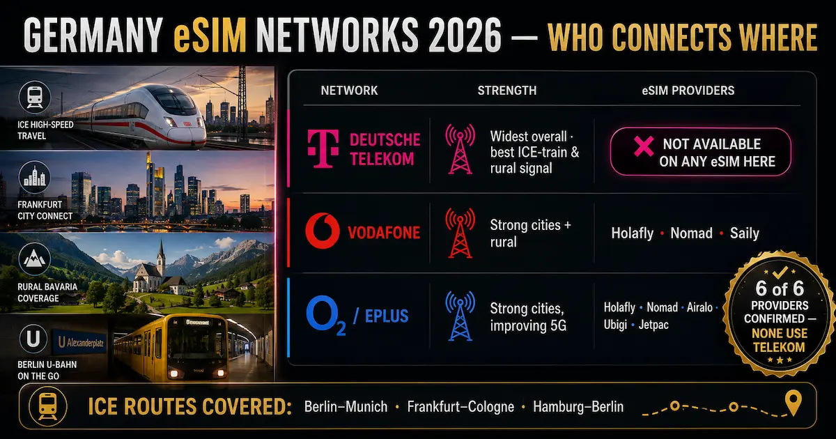 Germany eSIM Networks 2026: Telekom vs Vodafone vs O2 Germany eSIM networks 2026 comparison showing Deutsche Telekom, Vodafone and O2 coverage for ICE trains, Frankfurt, rural Bavaria and Berlin