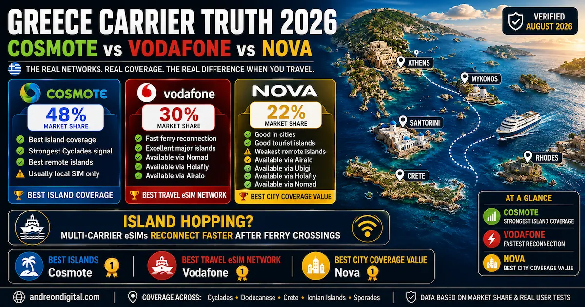 Greece eSIM carriers in 2026 comparing Cosmote, Vodafone and Nova for island coverage and ferry reconnection