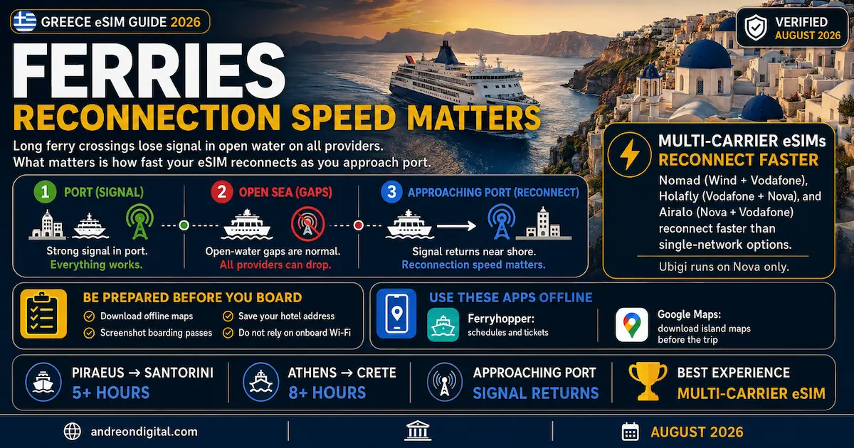 Greece ferry eSIM coverage in 2026 showing open-water signal gaps, reconnection speed and offline maps