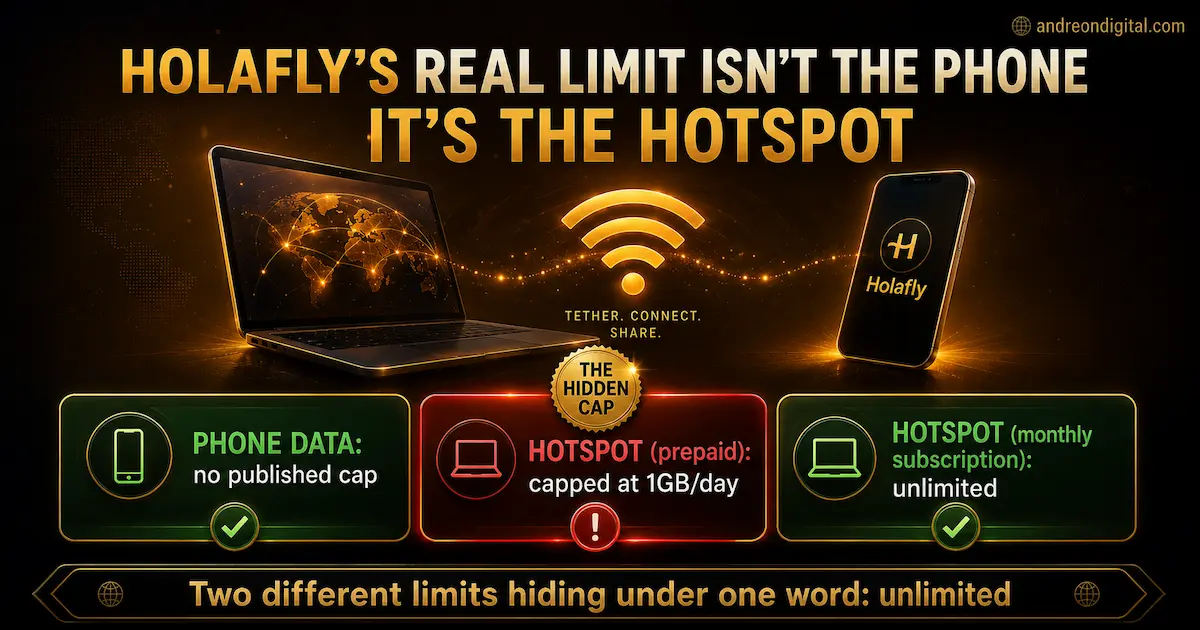 Holafly Europe hotspot limits showing no published cap for phone data, a 1GB per day prepaid hotspot cap, and unlimited hotspot on the monthly subscription