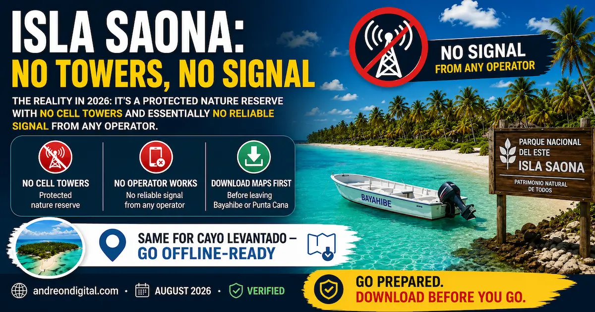 Isla Saona Dominican Republic 2026 with no reliable mobile signal, no cell towers and recommendation to download offline maps before leaving Bayahibe or Punta Cana