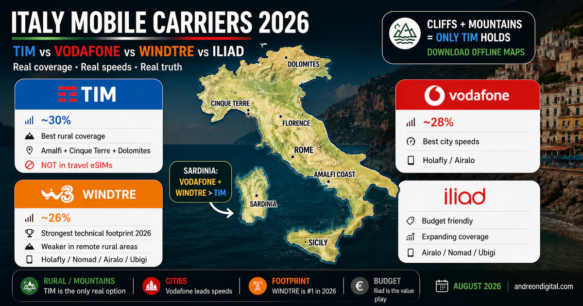 Italy eSIM carrier networks August 2026 comparing Holafly, Nomad, Airalo, Saily and Ubigi on Vodafone, WINDTRE and Iliad
