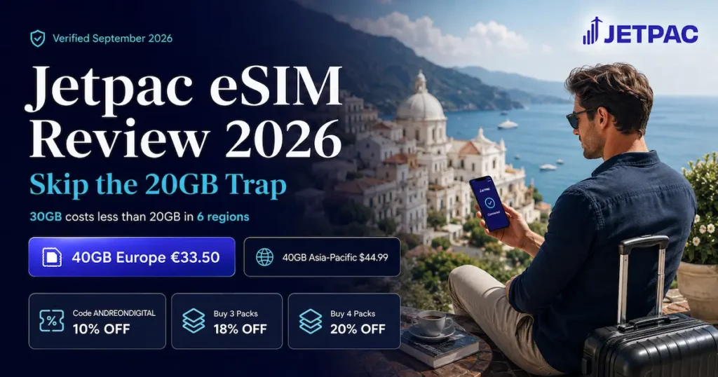 Jetpac eSIM Review 2026 image showing 40GB Europe for €33.50, 40GB Asia-Pacific for $44.99, and the key finding that Jetpac 30GB costs less than 20GB in 6 regions