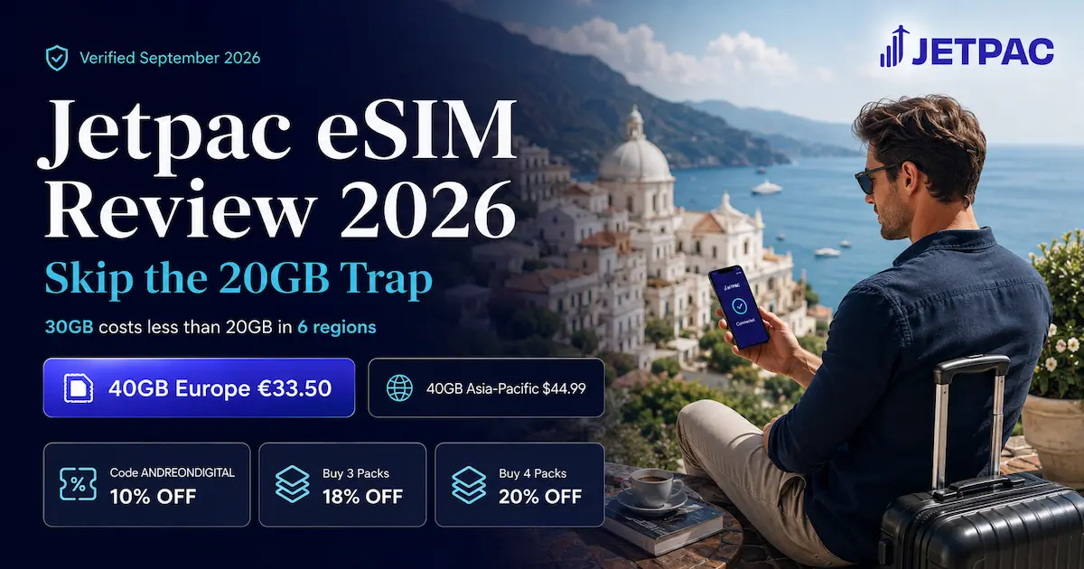 Jetpac eSIM Review 2026 image showing 40GB Europe for €33.50, 40GB Asia-Pacific for $44.99, and the key finding that Jetpac 30GB costs less than 20GB in 6 regions