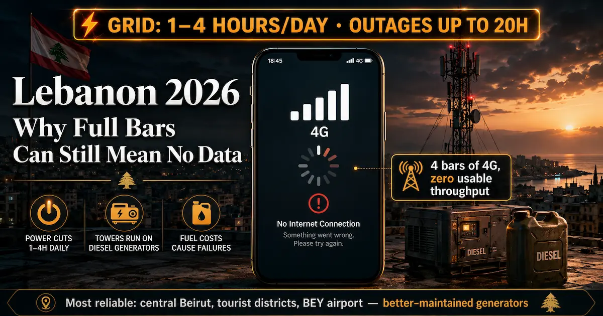 lebanon 2026 four bars no data diesel generator cell towers 20 hour outages grid 1 to 4 hours per day