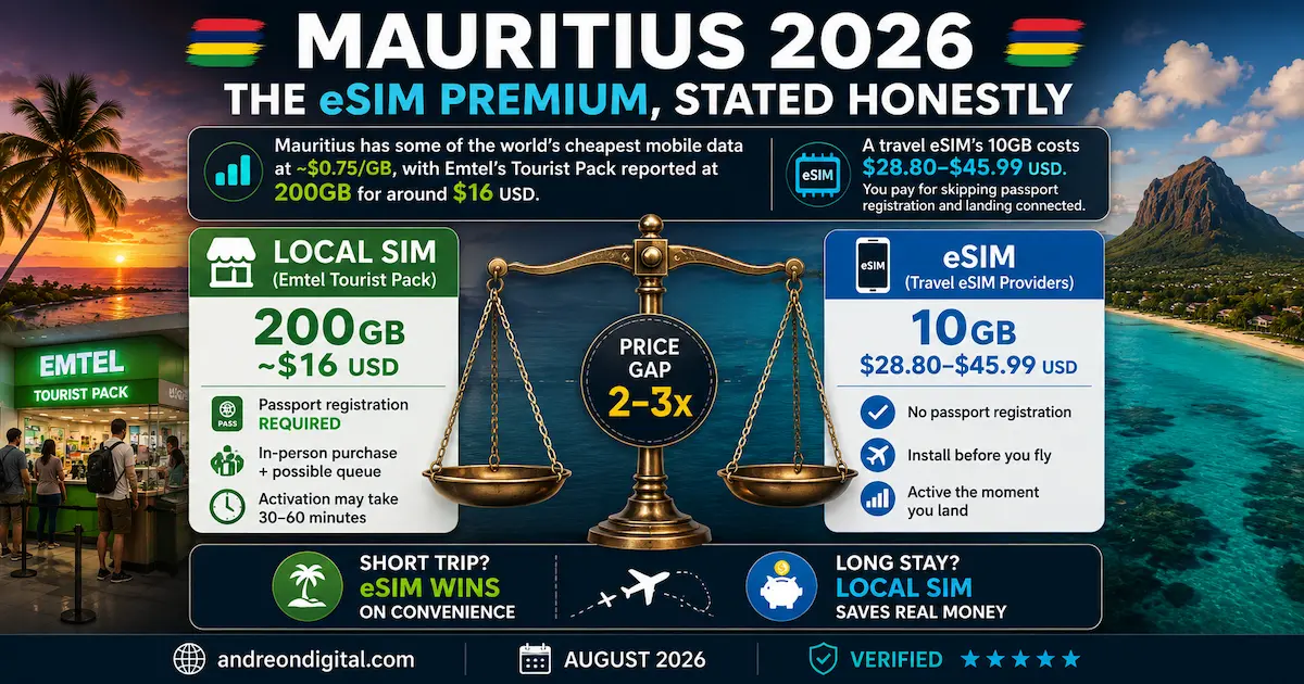 Mauritius eSIM vs local SIM comparison 2026 showing Emtel Tourist Pack 200GB for about $16 and travel eSIM 10GB plans from $28.80 to $45.99