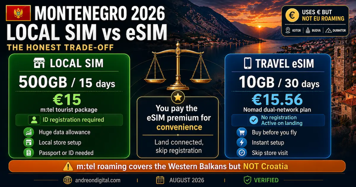 Montenegro local SIM vs travel eSIM 2026 comparison showing m:tel 500GB for €15 versus Nomad 10GB for €15.56, SIM registration and Western Balkans roaming.