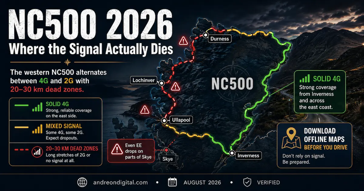 NC500 Scotland Coverage 2026: 4G, Dead Zones & Offline Maps NC500 Scotland eSIM coverage 2026 map showing solid 4G near Inverness and the east coast, mixed signal around Ullapool, and 20 to 30 km dead zones on western Highland routes