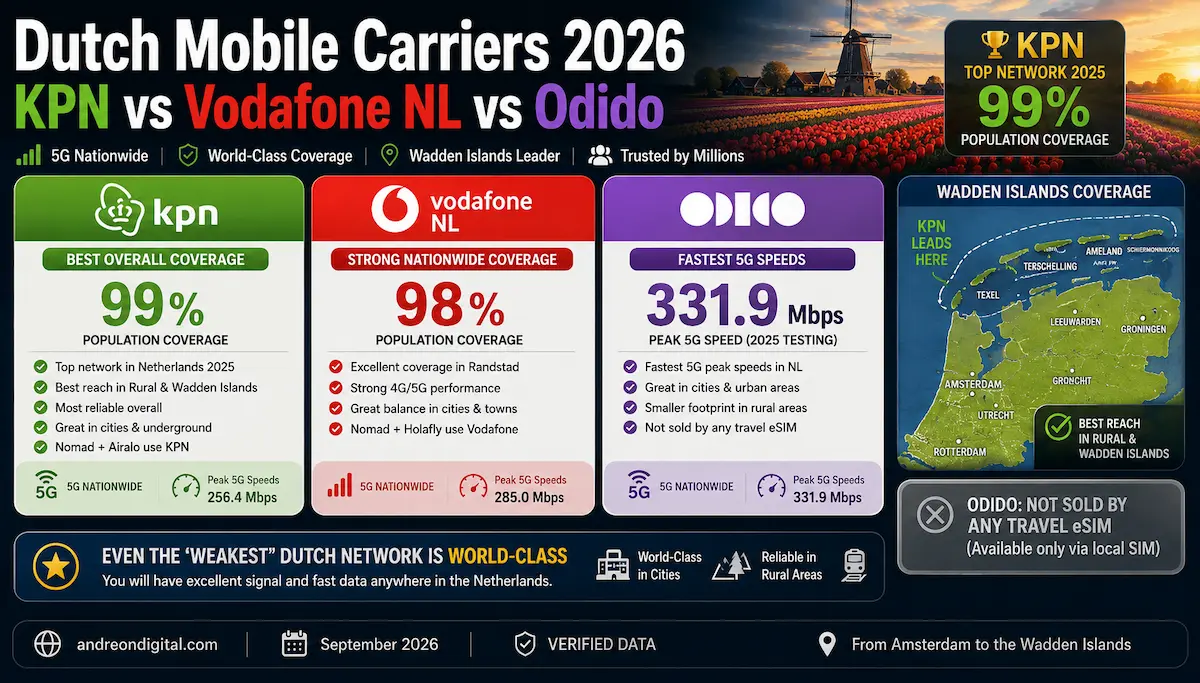 Dutch mobile carriers 2026 comparison showing KPN with 99% population coverage, Vodafone NL with 98%, Odido at 331.9 Mbps peak 5G and KPN leading coverage in the Wadden Islands