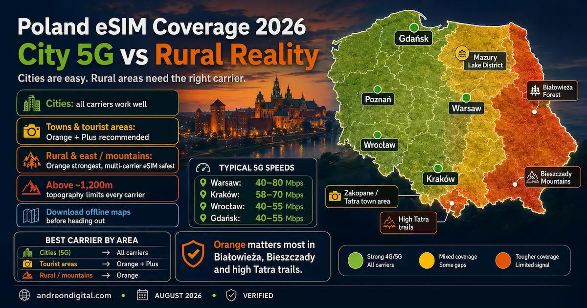 Poland eSIM coverage 2026 map showing Warsaw, Krakow, Gdansk, Wroclaw, Zakopane, Tatra Mountains, Bialowieza Forest and Bieszczady rural signal