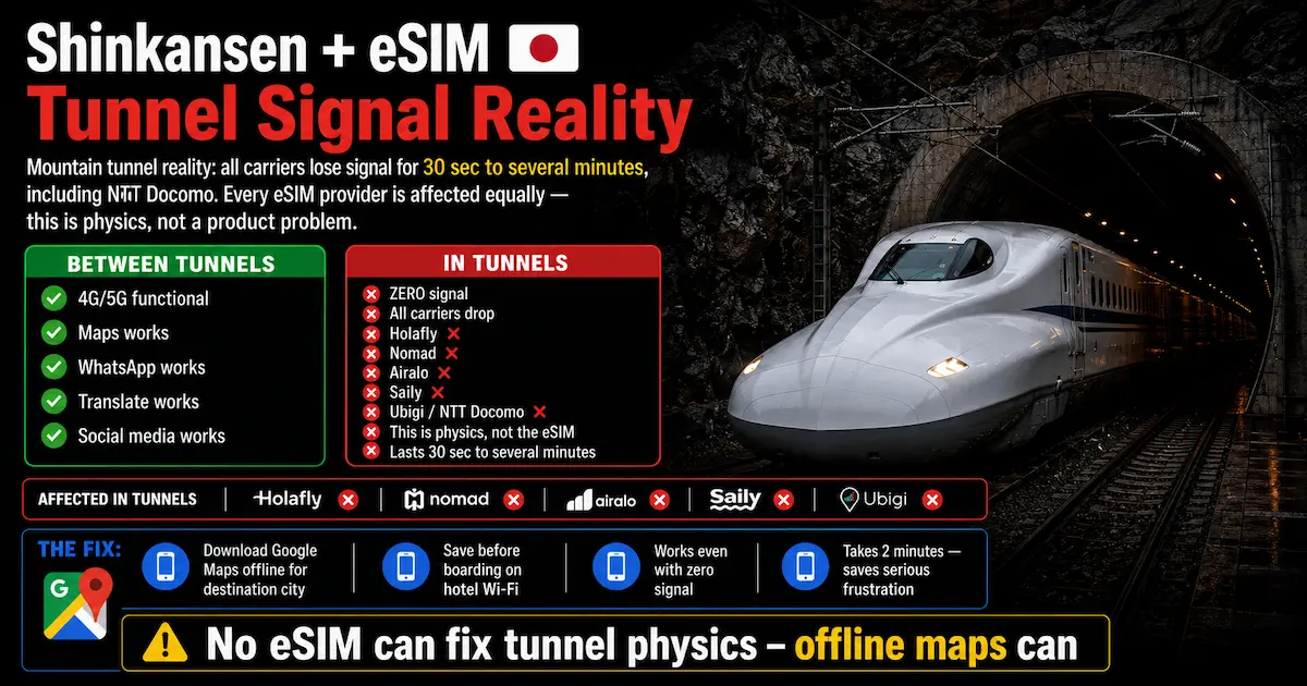 Shinkansen eSIM Japan 2026 showing tunnel signal drops affecting Holafly, Nomad, Airalo, Saily, Ubigi and NTT Docomo