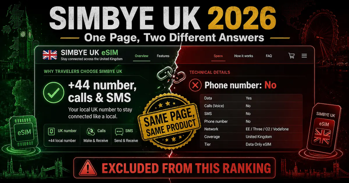 Simbye UK eSIM 2026: Same Page, Conflicting Phone Number Claims Simbye UK eSIM 2026 same product page claims a plus 44 phone number with calls and SMS while technical specs say phone number no