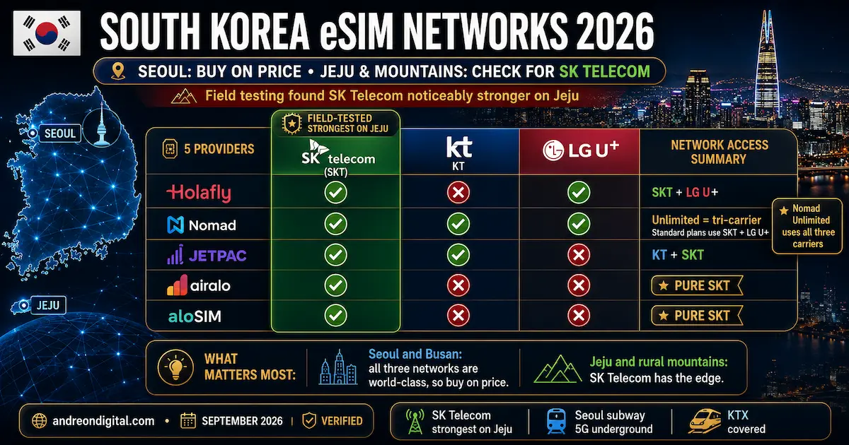 South Korea eSIM networks 2026 comparison showing SK Telecom, KT and LG U+ access for Holafly, Nomad, Jetpac, Airalo and aloSIM, with SKT strongest on Jeju.