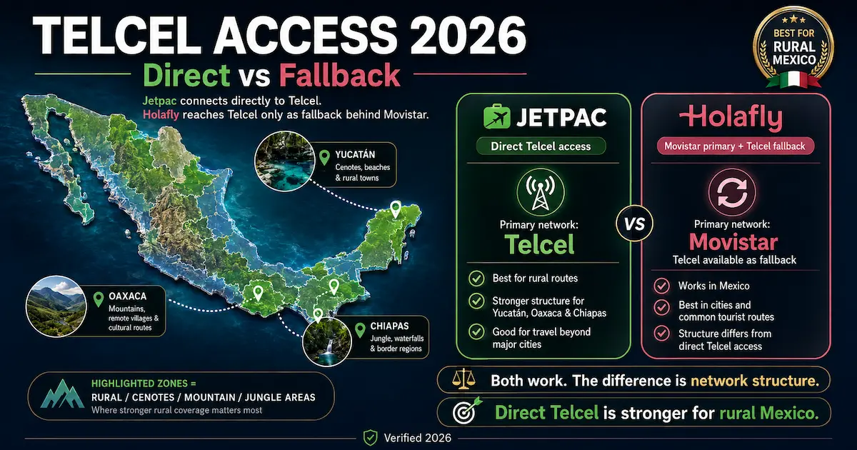 Telcel access Mexico 2026 comparison showing Jetpac direct Telcel access versus Holafly Movistar with Telcel fallback for Yucatán, Oaxaca and Chiapas rural coverage