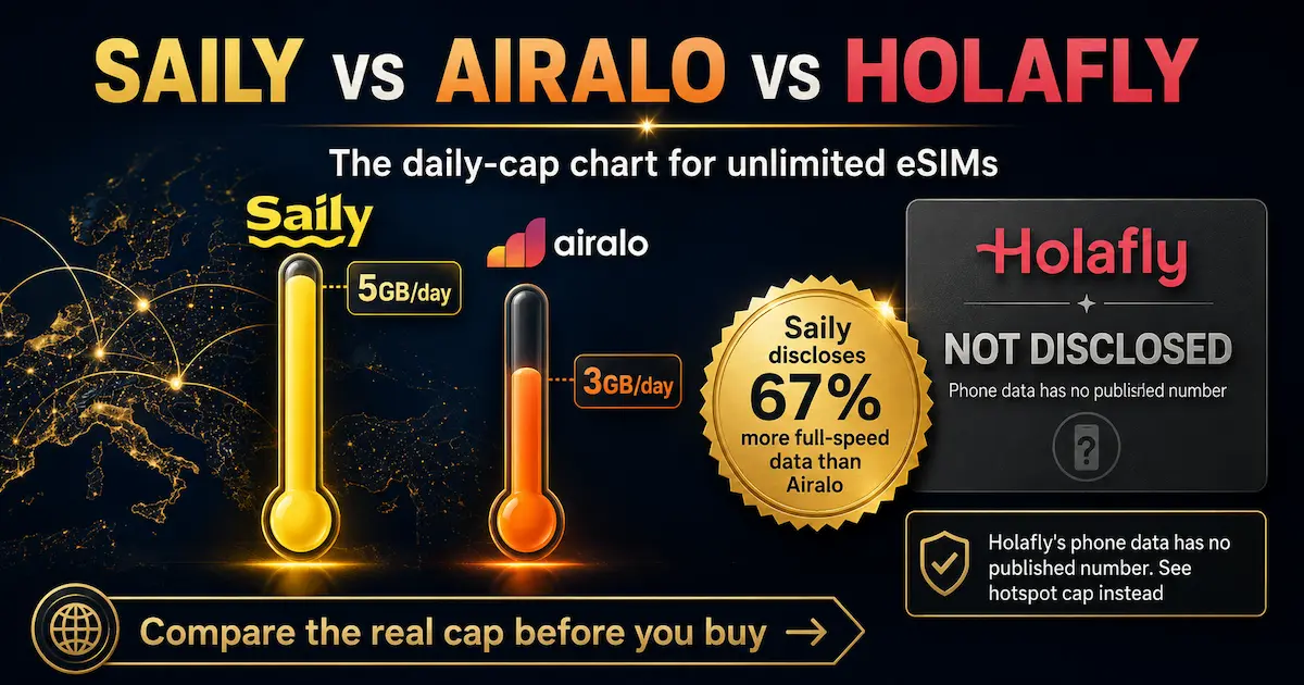 Unlimited eSIM Europe daily cap chart comparing Saily at 5GB per day, Airalo at 3GB per day, and Holafly with no published numeric phone data cap