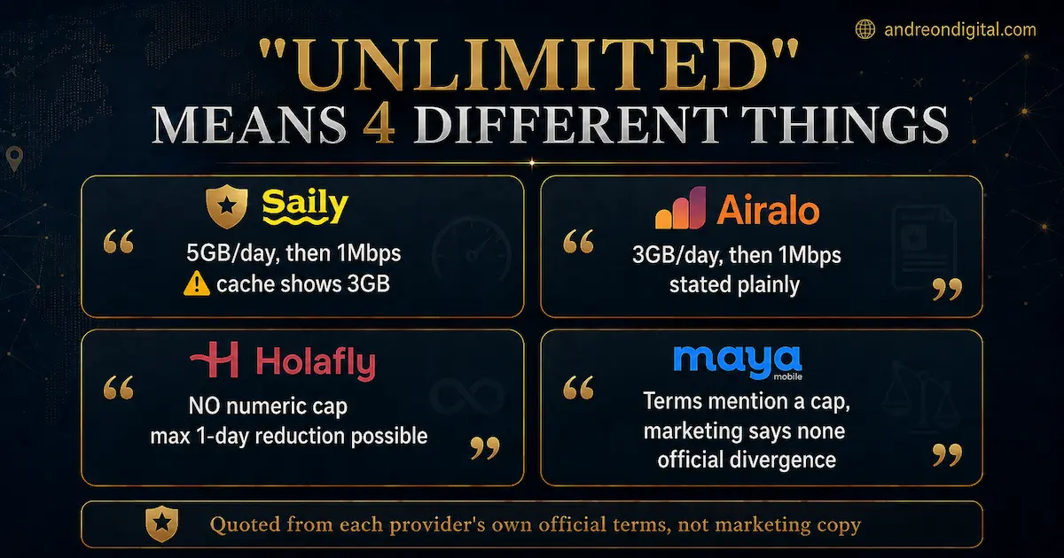 Unlimited eSIM Europe 2026 fair-use comparison showing Saily at 5GB per day, Airalo at 3GB per day, Holafly with no numeric cap, and conflicting Maya Mobile terms