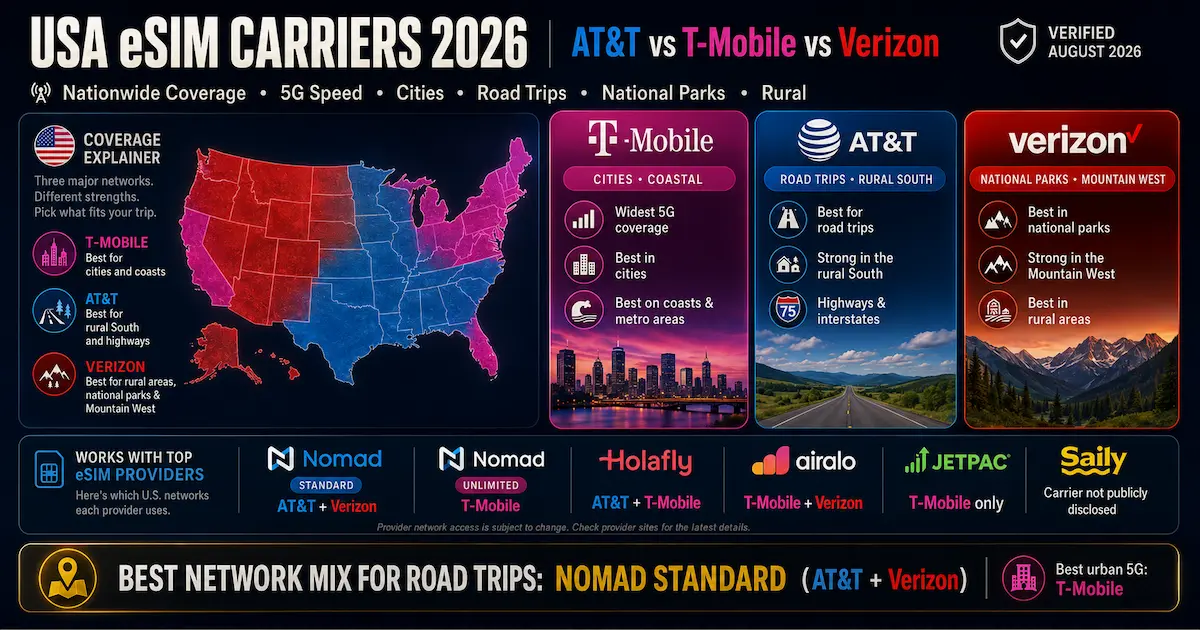 USA eSIM Carriers 2026 | AT&T vs T-Mobile vs Verizon Coverage Explained USA eSIM carriers 2026 comparison showing AT&T, T-Mobile and Verizon strengths for cities, road trips, rural areas and national parks, with network access by eSIM provider.