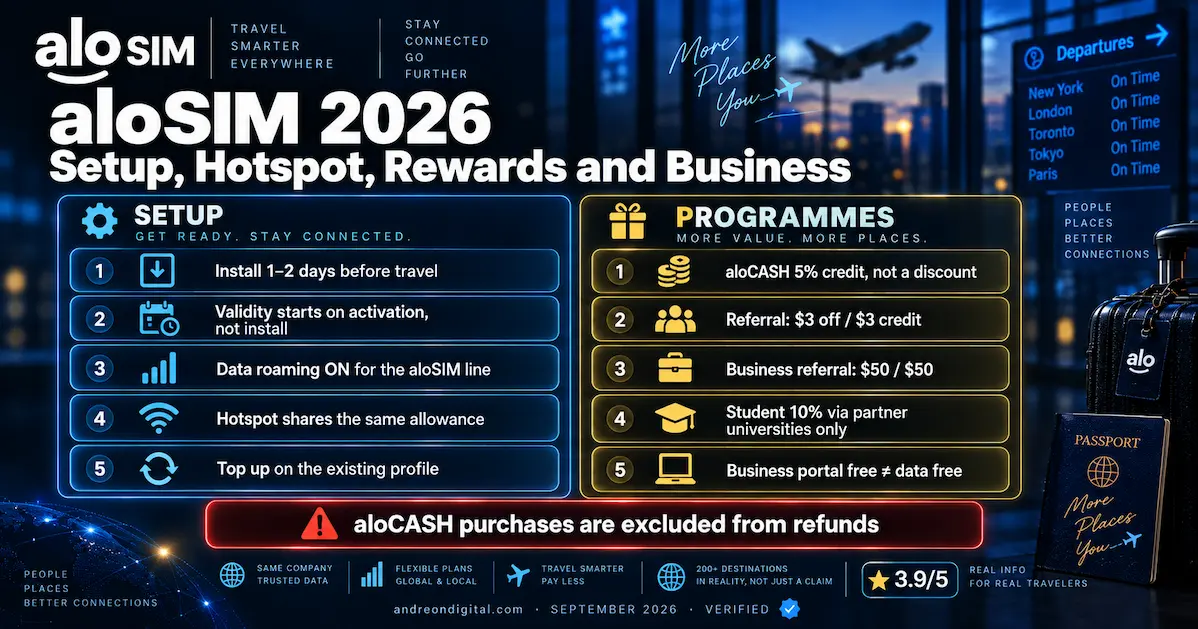 aloSIM 2026 setup guide showing installation 1 to 2 days before travel, activation timing, data roaming, hotspot and top-ups, plus 5% aloCASH, student discount and business rewards.