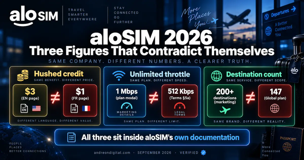 aloSIM 2026 infographic comparing three documentation contradictions: $3 versus $1 Hushed credit, 1 Mbps versus 512 Kbps unlimited throttle, and 200+ destinations versus 147 on the Global plan.