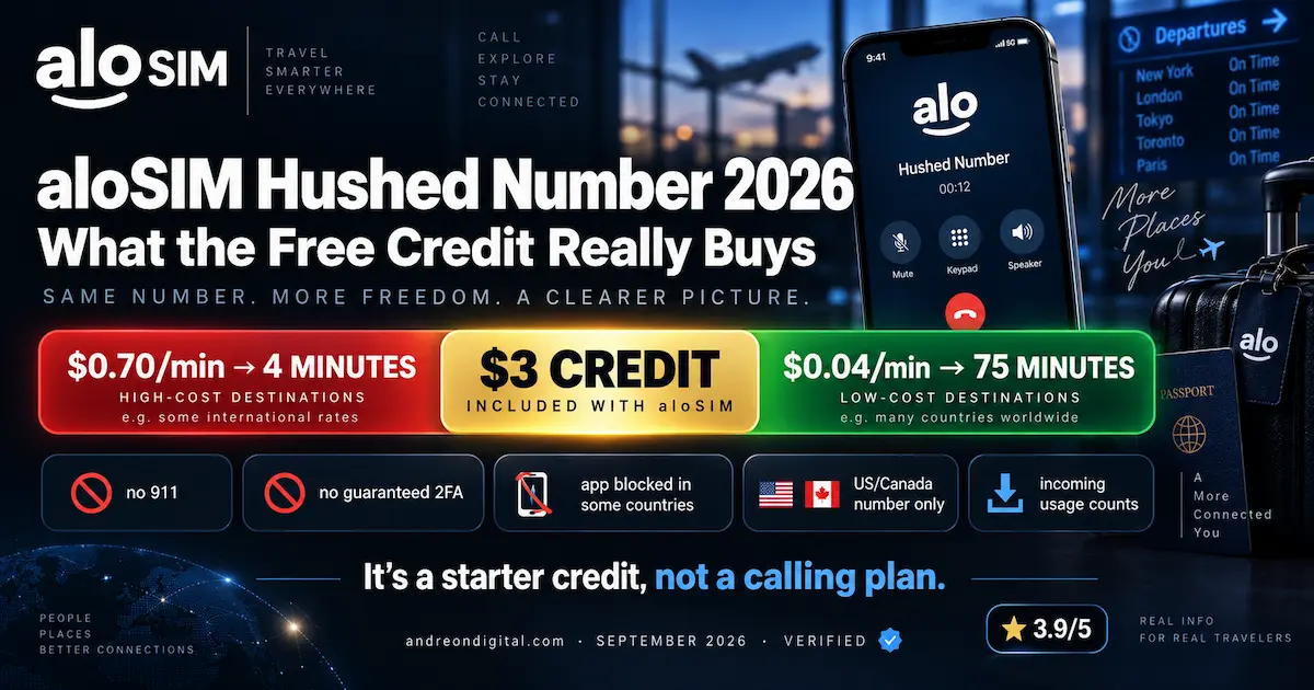 aloSIM Hushed Number 2026 showing $3 credit worth about 4 to 75 minutes depending on calling rates, with no 911, no guaranteed 2FA, US or Canada number only and incoming usage counting toward credit.