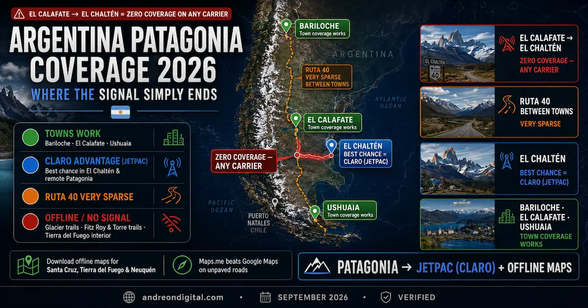 Argentina Patagonia coverage 2026 map showing zero signal between El Calafate and El Chaltén, sparse Ruta 40 coverage and Claro advantage in remote areas