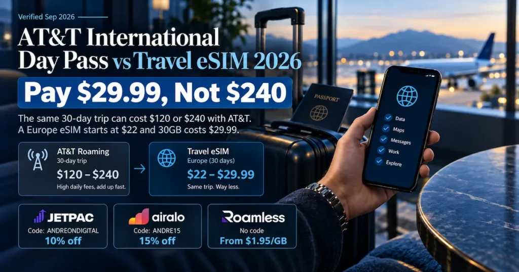 AT&T International Day Pass vs Travel eSIM 2026 showing a 30-day trip costing $120 to $240 with AT&T versus a Europe travel eSIM from $22 to $29.99, with Jetpac, Airalo and Roamless offers