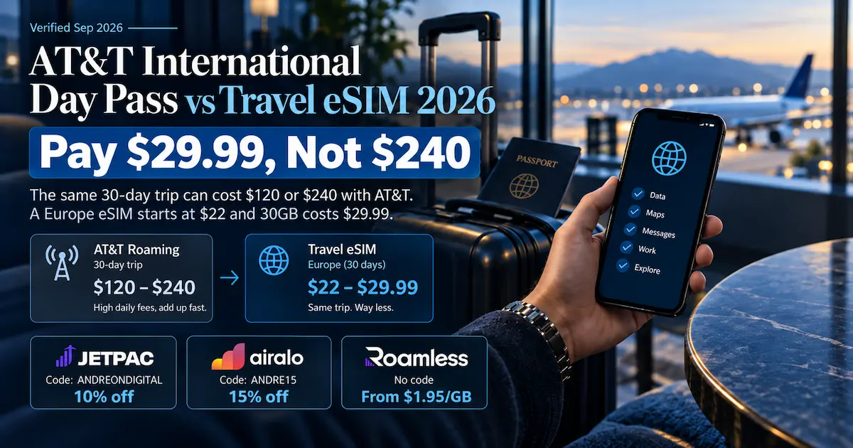 AT&T International Day Pass vs Travel eSIM 2026 showing a 30-day trip costing $120 to $240 with AT&T versus a Europe travel eSIM from $22 to $29.99, with Jetpac, Airalo and Roamless offers