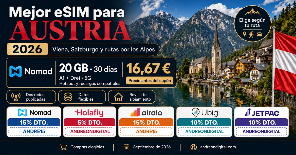 eSIM para Austria con Nomad de 20 GB por 16,67 euros y cupones de cinco proveedores