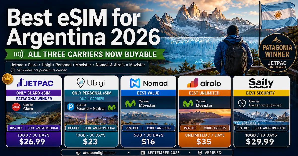 Best eSIM for Argentina 2026 comparison showing Jetpac on Claro, Ubigi on Personal and Movistar, Nomad and Airalo on Movistar, with prices and discount codes