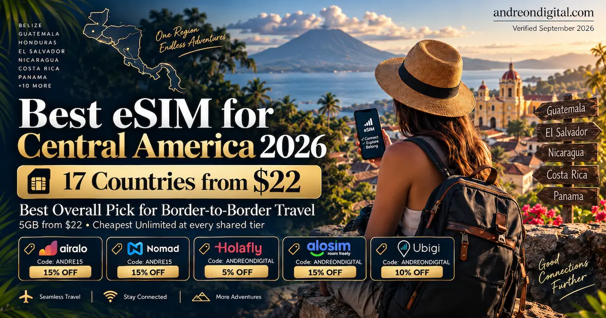 Best eSIM for Central America 2026 comparison showing Airalo, Nomad, Holafly, aloSIM and Ubigi, with 17 countries from $22 and discount codes