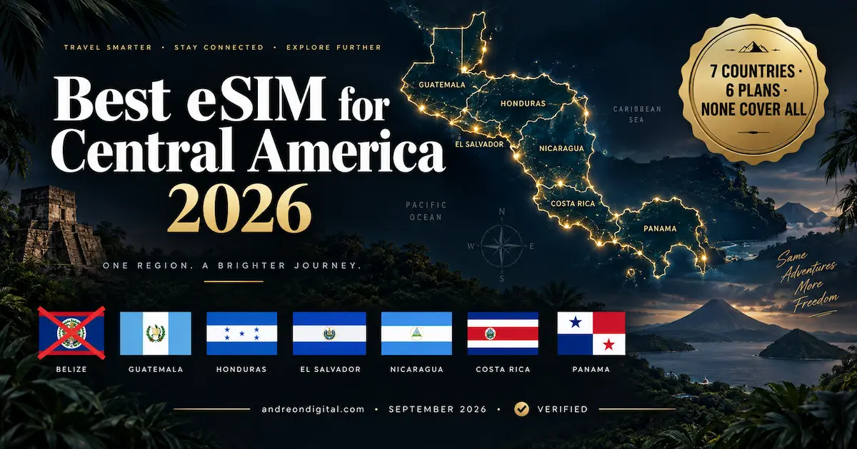 Best eSIM for Central America 2026 comparison showing seven countries, six regional plans and Belize excluded from all plans