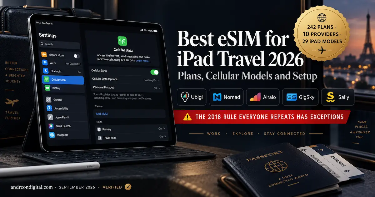 Best eSIM for iPad 2026 comparison showing iPad Cellular Data settings, Ubigi, Nomad, Airalo, GigSky and Saily