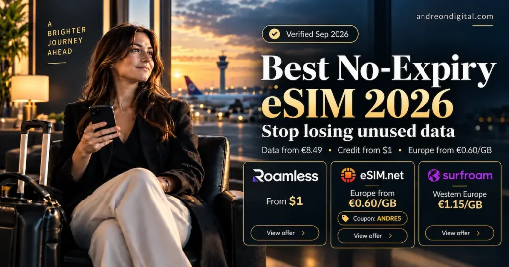 Best no-expiry eSIM 2026 comparison image showing Roamless from $1, eSIM.net Europe from €0.60 per GB with coupon ANDRE5, and Surfroam Western Europe from €1.15 per GB in a premium airport lounge scene.