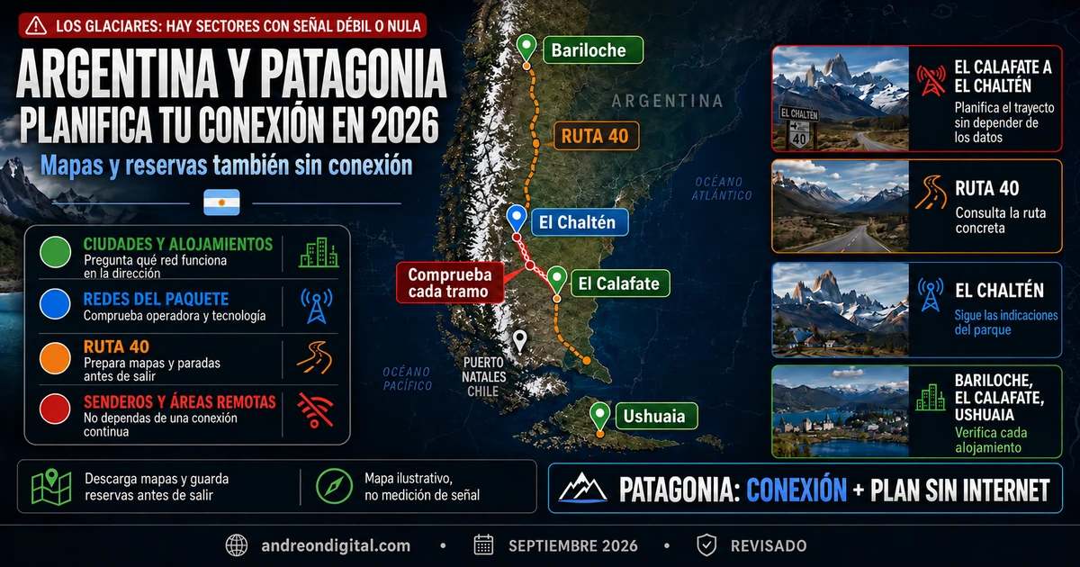 Cómo preparar la conexión en rutas por la Patagonia Mapa ilustrativo de Bariloche, El Chaltén, El Calafate y Ushuaia con consejos para viajar sin depender de señal continua